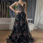 Vestido de fiesta de lujo con tirantes finos, corte A, negro y cuentas, para ocasiones formales, estilo árabe saudí LA72773 