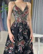 Vestido de fiesta de lujo con tirantes finos, corte A, negro y cuentas, para ocasiones formales, estilo árabe saudí LA72773 