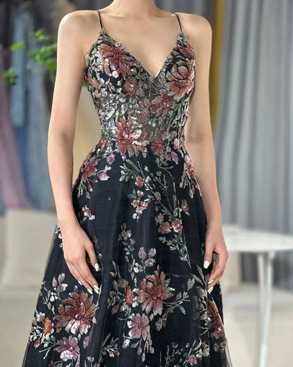 2025 Spaghetti Strap A-Line Black Beaded Luxury Prom Dress for Formal Occasion Saudi Arabic LA72773