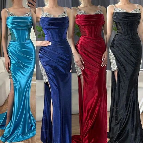 2025 Saudi-arabisches Abendkleid aus weinrotem Satin mit Spaghettiträgern und hohem Schlitz für formelle Anlässe LA72776 