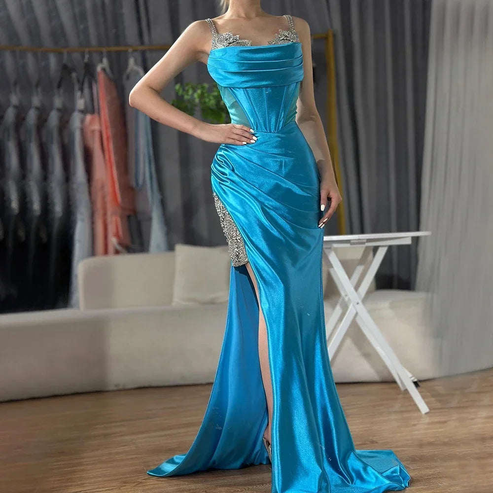 2025 Saudi Arabic Spaghetti Strap Wine Red Satin Evening Dress with High Slit for Formal Occasion LA72776