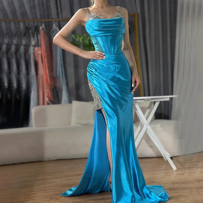 2025 Saudi Arabic Spaghetti Strap Wine Red Satin Evening Dress with High Slit for Formal Occasion LA72776