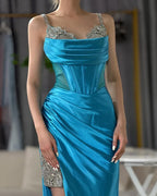 2025 Saudi Arabic Spaghetti Strap Wine Red Satin Evening Dress with High Slit for Formal Occasion LA72776