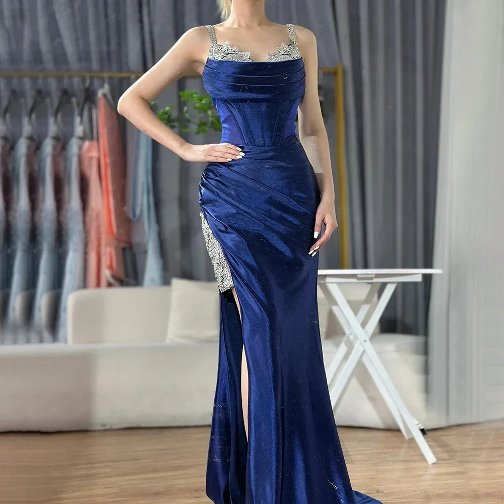 2025 Saudi Arabic Spaghetti Strap Wine Red Satin Evening Dress with High Slit for Formal Occasion LA72776