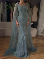 2025 Saudi Arabic Turquoise Mermaid Evening Dress With Pearls Beaded Cape Sleeves For Formal Occasion LA72590A
