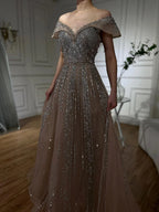 2025 Saudi Arabic Gray Beaded Design A-Line Evening Dresses Gowns for Formal Occasion LA72731