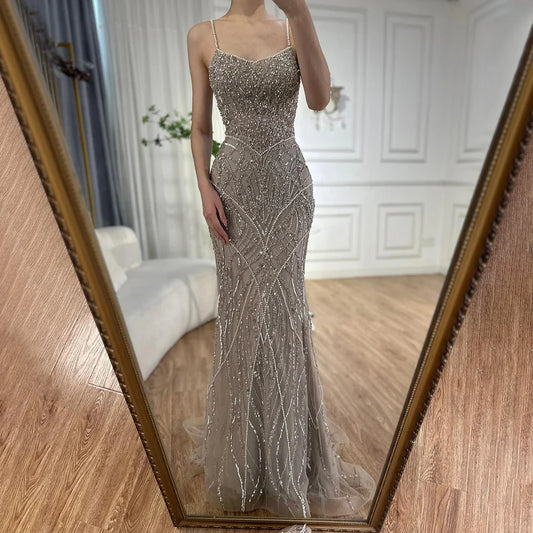 2025 Saudi Caramel Beaded Spaghetti Strap Arabic Mermaid Evening Dress Gown for Formal Occasion LA72733