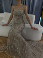 2025 Saudi Caramel Beaded Spaghetti Strap Arabic Mermaid Evening Dress Gown for Formal Occasion LA72733