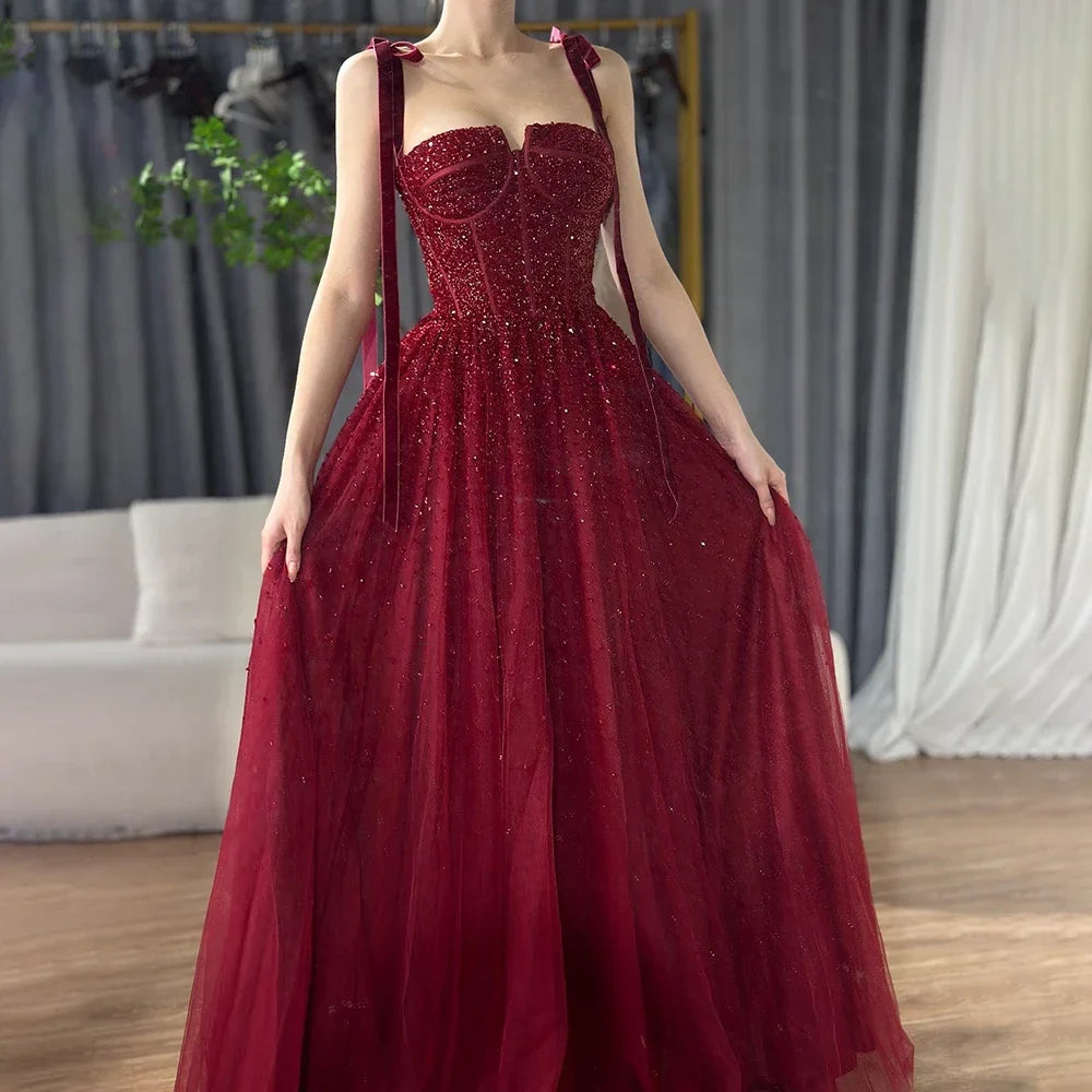 Luxuriöses Abendkleid aus Saudi-Arabien, weinrot, mit Perlen besetzt, Spaghettiträger, bodenlang, für formelle Anlässe, LA70600A