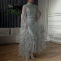 Vestido de noche de sirena gris plateado con mangas estilo capa, plumas y cuentas, largo hasta los tobillos, para ocasiones formales, LA72747 