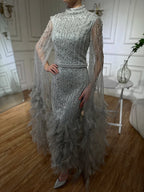 Vestido de noche de sirena gris plateado con mangas estilo capa, plumas y cuentas, largo hasta los tobillos, para ocasiones formales, LA72747 
