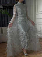 Vestido de noche de sirena gris plateado con mangas estilo capa, plumas y cuentas, largo hasta los tobillos, para ocasiones formales, LA72747 