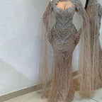 2025 Nude Mermaid Evening Dress with Beaded Crystal Removable Cape Sleeves Gown for Formal Occasion LA72539