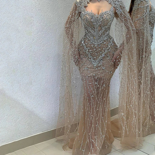 2025 Nude Mermaid Evening Dress with Beaded Crystal Removable Cape Sleeves Gown for Formal Occasion LA72539