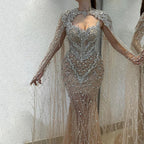 2025 Nude Mermaid Evening Dress with Beaded Crystal Removable Cape Sleeves Gown for Formal Occasion LA72539