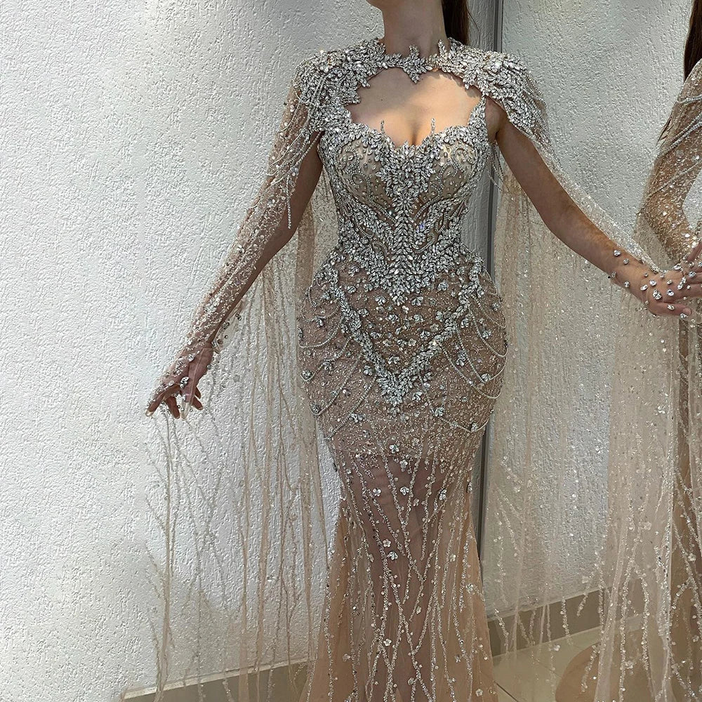2025 Nude Mermaid Evening Dress with Beaded Crystal Removable Cape Sleeves Gown for Formal Occasion LA72539