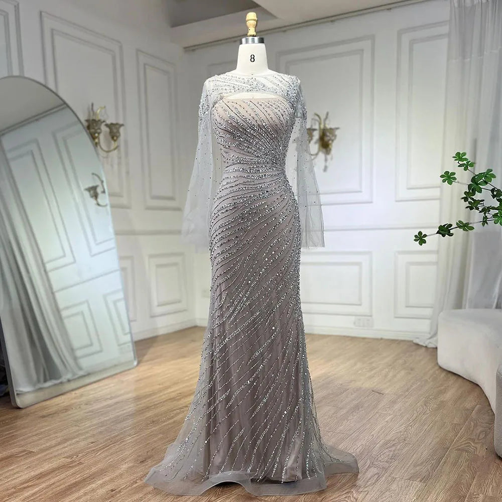 Vestido de noche elegante de lujo con capa y cuentas color nude plateado 2025, estilo sirena, para mujer, para fiesta de boda LA71380 
