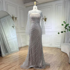 Vestido de noche elegante de lujo con capa y cuentas color nude plateado 2025, estilo sirena, para mujer, para fiesta de boda LA71380 