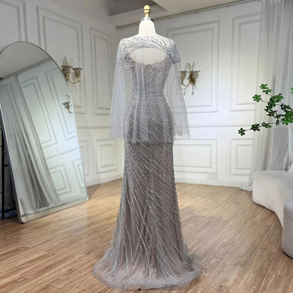 Vestido de noche elegante de lujo con capa y cuentas color nude plateado 2025, estilo sirena, para mujer, para fiesta de boda LA71380 