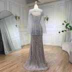 Vestido de noche elegante de lujo con capa y cuentas color nude plateado 2025, estilo sirena, para mujer, para fiesta de boda LA71380 