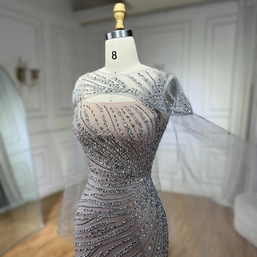 Vestido de noche elegante de lujo con capa y cuentas color nude plateado 2025, estilo sirena, para mujer, para fiesta de boda LA71380 