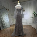 Vestido de noche elegante de lujo con capa y cuentas color nude plateado 2025, estilo sirena, para mujer, para fiesta de boda LA71380 