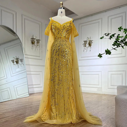 2025 Spaghetti Strap Blue Mermaid Beaded Luxury Evening Dress with Cape Sleeves for Formal Occasion Saudi LA72707