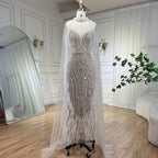 Vestidos de fiesta de boda de sirena color nude blanco 2025 con plumas y cuentas, de lujo, con mangas estilo capa, LA72047A 