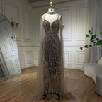 Vestidos de fiesta de boda de sirena color nude blanco 2025 con plumas y cuentas, de lujo, con mangas estilo capa, LA72047A 