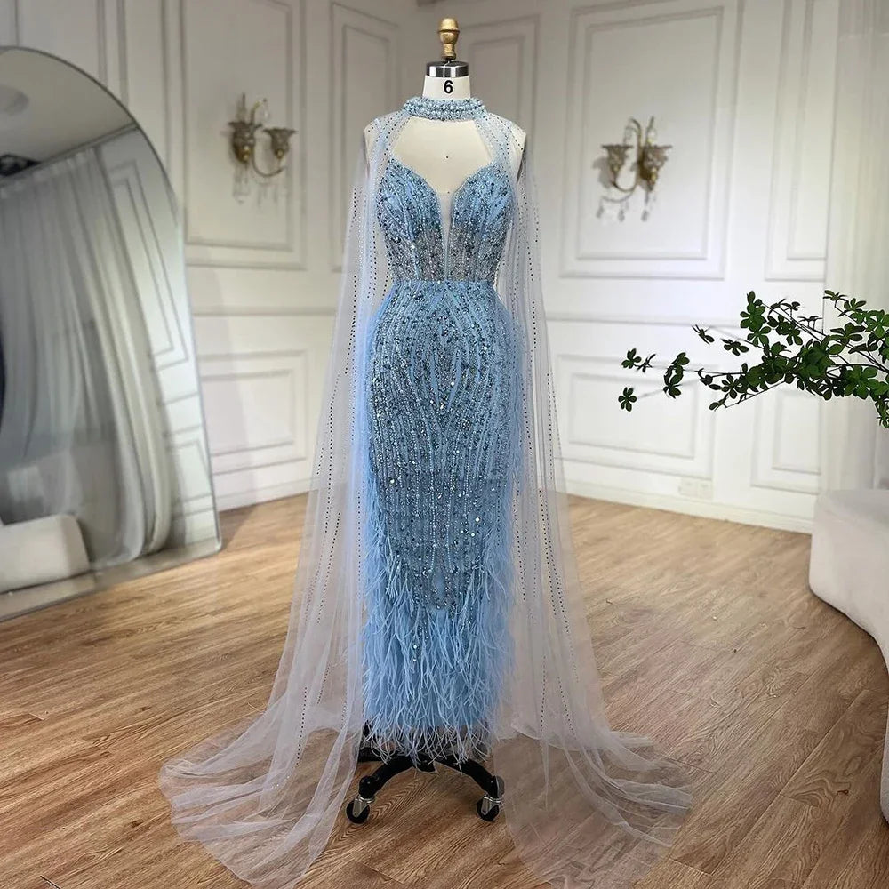 Vestidos de fiesta de boda de sirena color nude blanco 2025 con plumas y cuentas, de lujo, con mangas estilo capa, LA72047A 