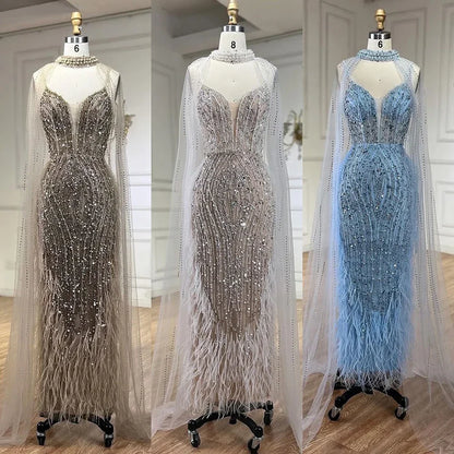 2025 White Nude Mermaid Wedding Party Dresses with Beaded Feathers Luxury Cape Sleeves  Party Gowns LA72047A