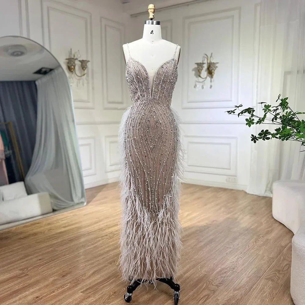 2025 White Nude Mermaid Wedding Party Dresses with Beaded Feathers Luxury Cape Sleeves  Party Gowns LA72047A