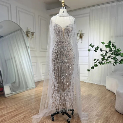 2025 White Nude Mermaid Wedding Party Dresses with Beaded Feathers Luxury Cape Sleeves  Party Gowns LA72047A