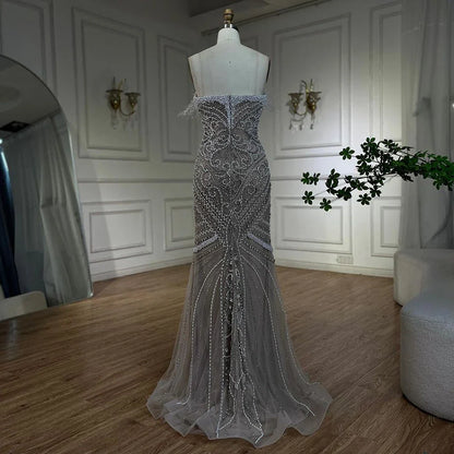 2025 White Nude Strapless Split Mermaid Pearl Beaded Luxury Evening Gowns for Women Wedding Party LA72522