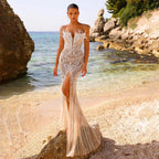 2025 White Nude Strapless Split Mermaid Pearl Beaded Luxury Evening Gowns for Women Wedding Party LA72522