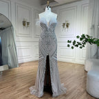 2025 White Nude Strapless Split Mermaid Pearl Beaded Luxury Evening Gowns for Women Wedding Party LA72522