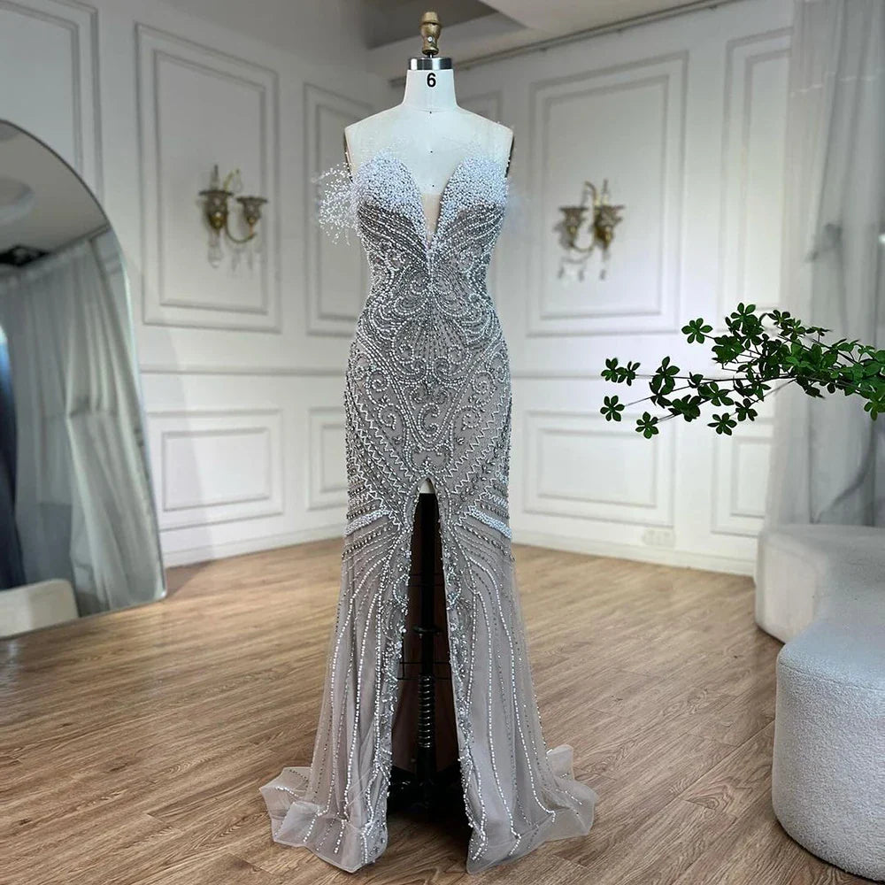 2025 White Nude Strapless Split Mermaid Pearl Beaded Luxury Evening Gowns for Women Wedding Party LA72522