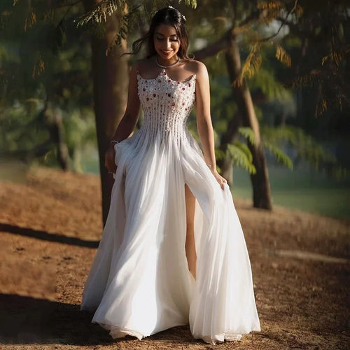 Vestido de noche de lujo estilo Dubái, blanco, sin tirantes, con doble abertura frontal y cuentas de perlas, para fiesta de mujer, LA72667 