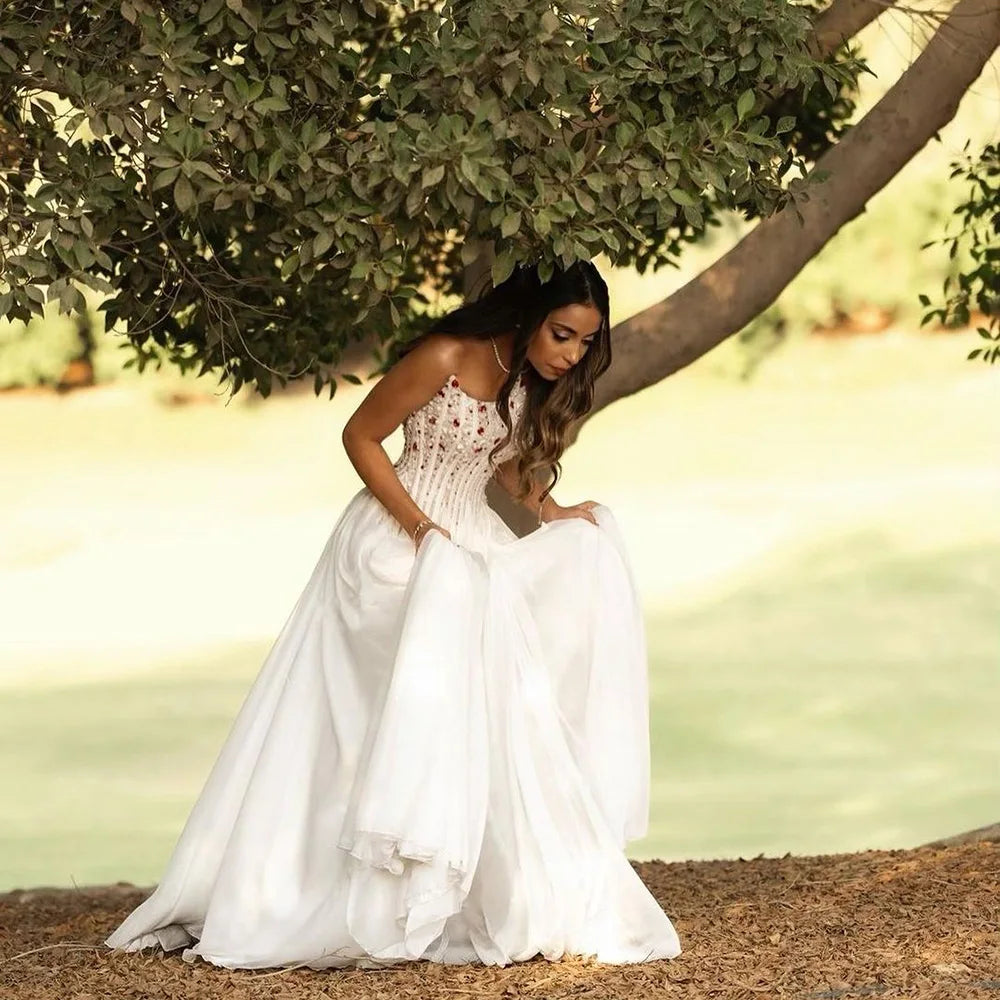2025 White Strapless Luxury Dubai Evening Gown with Front Double Split Pearls Beaded Dress for Women's Party LA72667