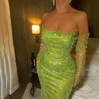 Luxury Pearls Green Mermaid Evening Dress with Gloves LA72352 Plush Size