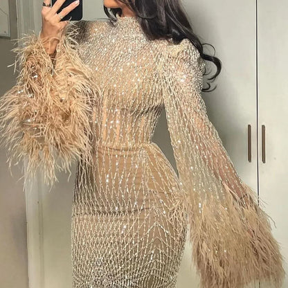 Luxus Dubai Federn Nude Abendkleider Lange Ärmel LA72394 