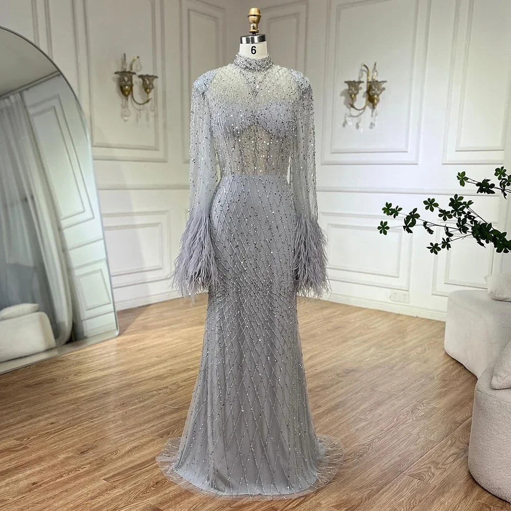 Luxury Dubai Feathers Nude Evening Dresses Long Sleeves LA72394