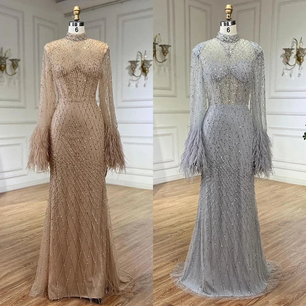 Luxus Dubai Federn Nude Abendkleider Lange Ärmel LA72394 