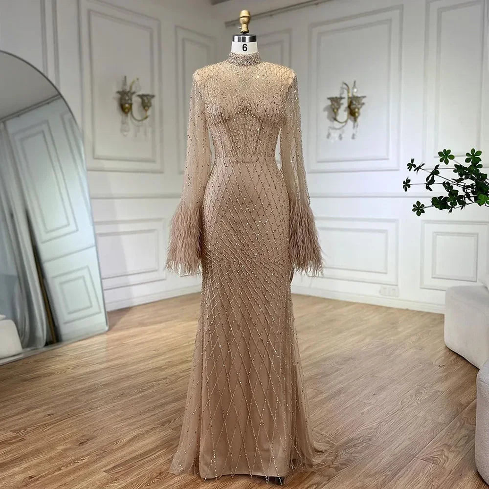 Luxus Dubai Federn Nude Abendkleider Lange Ärmel LA72394 