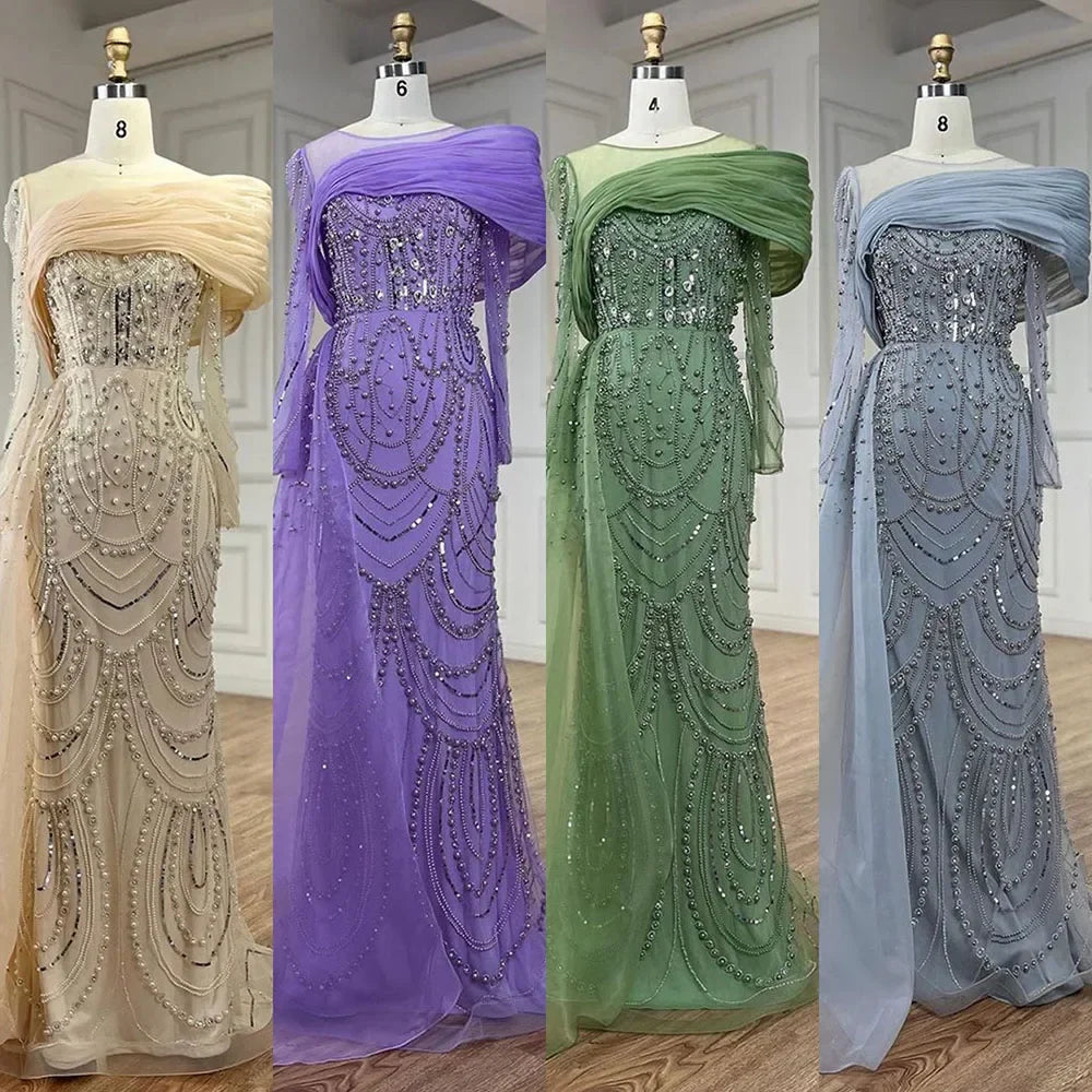 Vestido de noche de sirena con cristales color piel y sobrefalda de manga larga LA72348