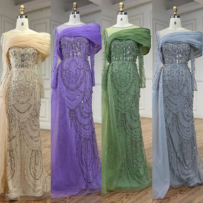 Vestido de noche de sirena con cristales color piel y sobrefalda de manga larga LA72348