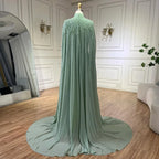 Vestido de noche musulmán de lujo verde salvia con capa y mangas largas LA72413