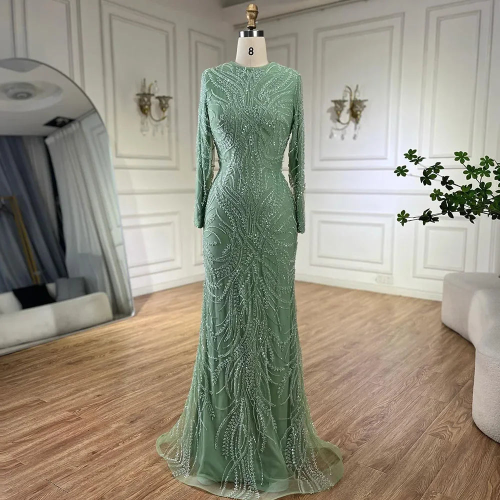 Vestido de noche musulmán de lujo verde salvia con capa y mangas largas LA72413