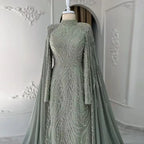 2025 muslim Sage Green Mermaid Cape Sleeves Beaded Satin Luxury Evening Dresses Gowns for Women Party LA72413