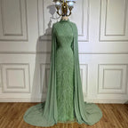 2025 muslim Sage Green Mermaid Cape Sleeves Beaded Satin Luxury Evening Dresses Gowns for Women Party LA72413
